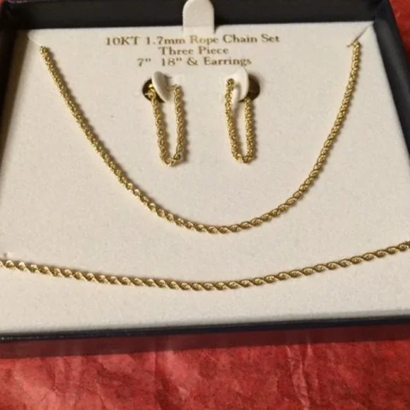COPY - Beautiful 10KT, 1.7mm Gold Rope Chain Set (Chain, Earrings & Bracelet)- … - Picture 7 of 16